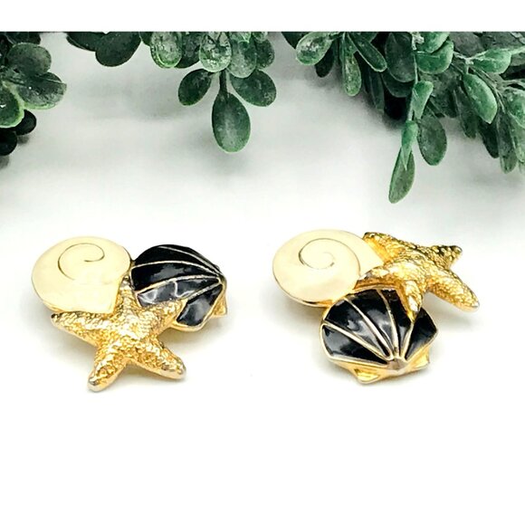 Gold-Tone Starfish & Shell Clip-On Earrings With Black & Cream Enamel Accents - Picture 2 of 6